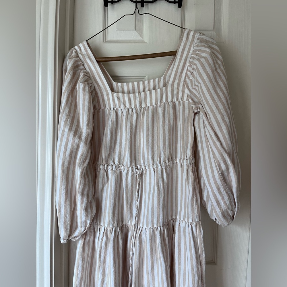 Striped Square-Neck Midi Dress - White & Tan - Picture 2 of 3